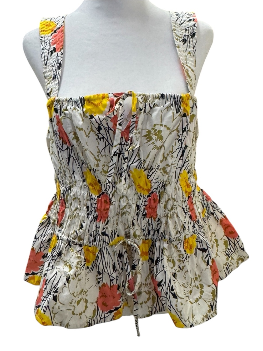 NWT BCBG Floral Smocked Peplum Tank Top - White with Yellow & Coral US Small